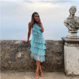 The Bar Kai Tiered Tulle Halter Midi Dress in Amalfi Blue